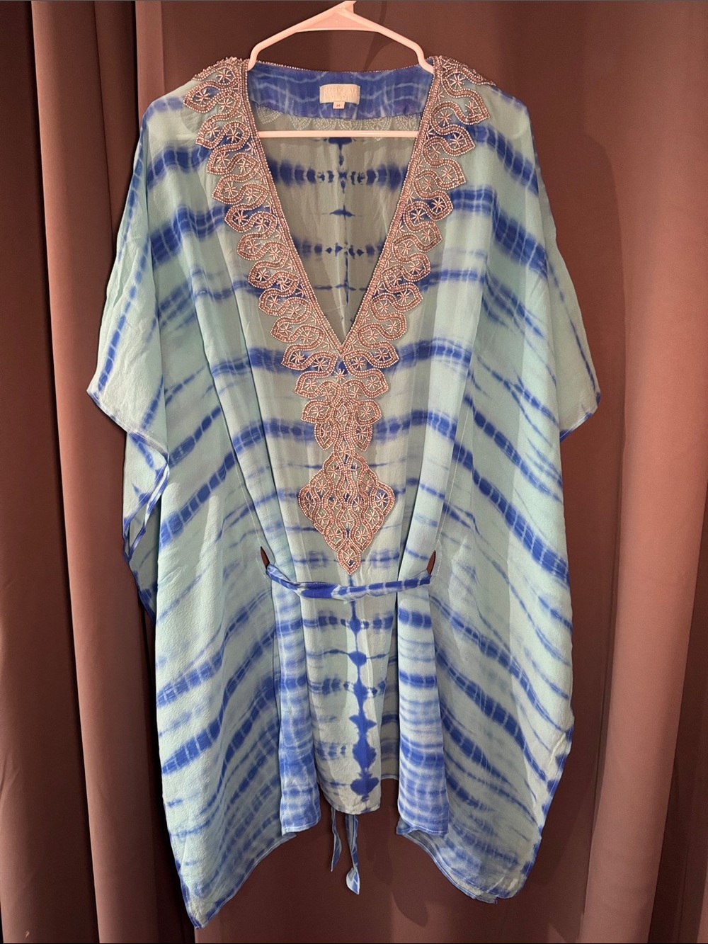 Vintage Debbie Katz 100% Silk Beaded V-Neck Tie Waist Tunic Top - Blue